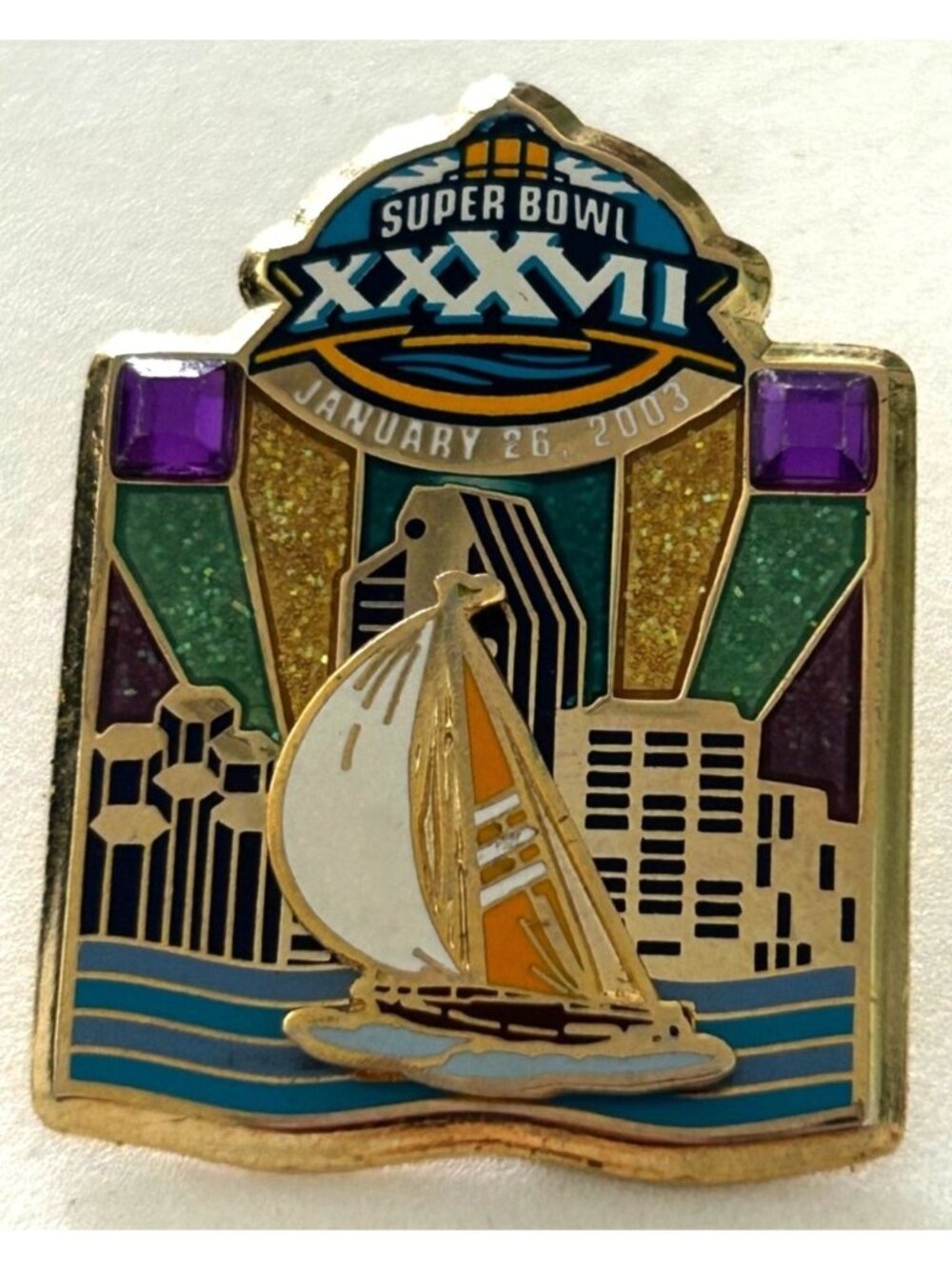 Super Bowl XXXVII Y2K January 26 2003 Pin Sliding Sailboat Skyline Design